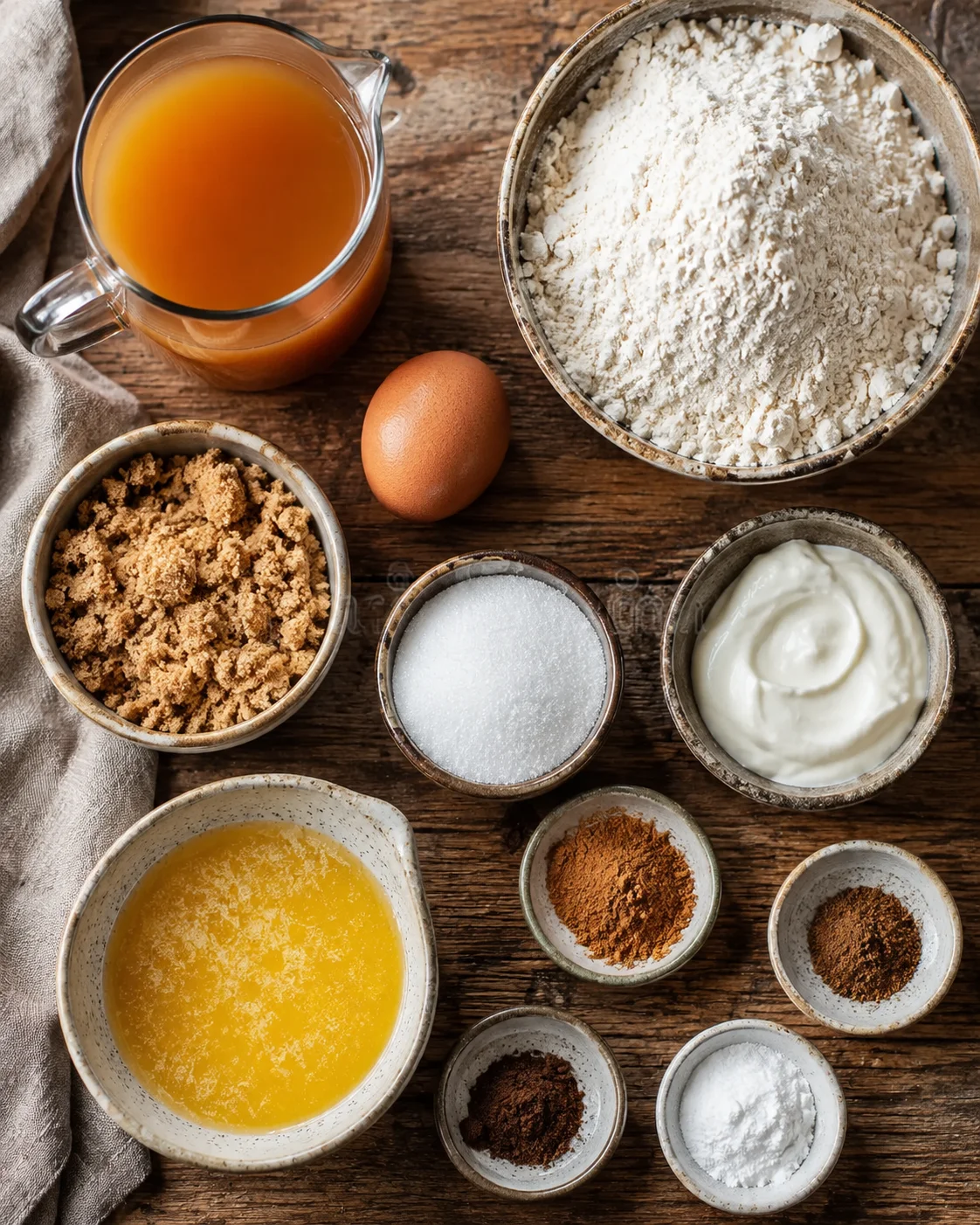 Assorted ingredients for baked apple cider donuts on a rustic wooden table.