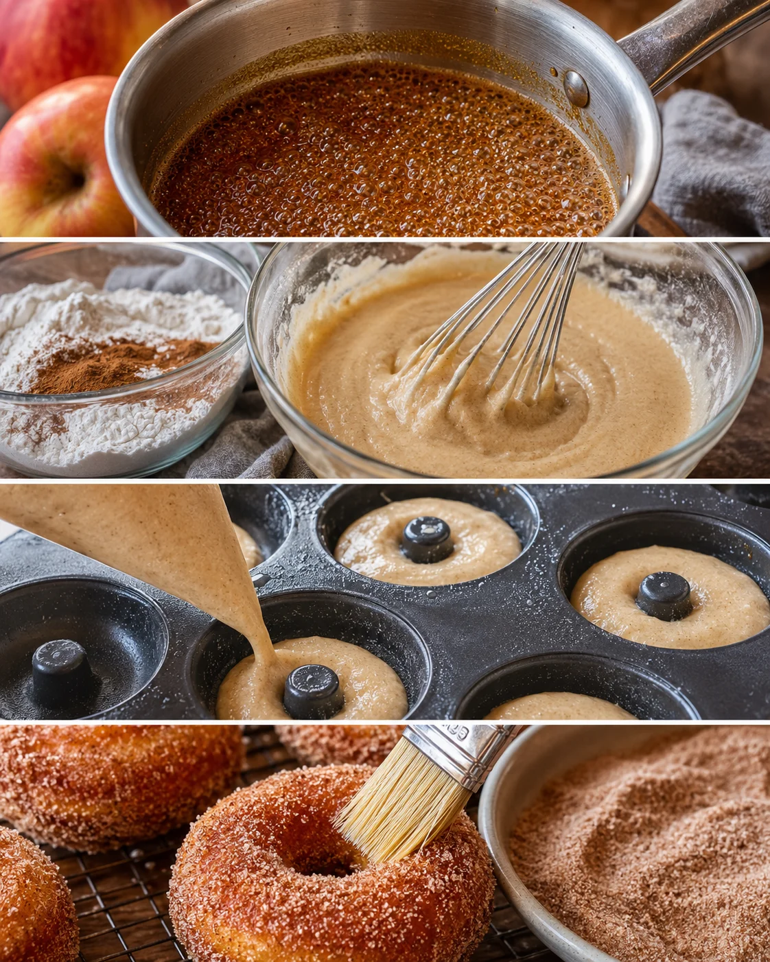 Close-up of freshly baked cinnamon-sugar coated apple cider donuts cooling on a rack.