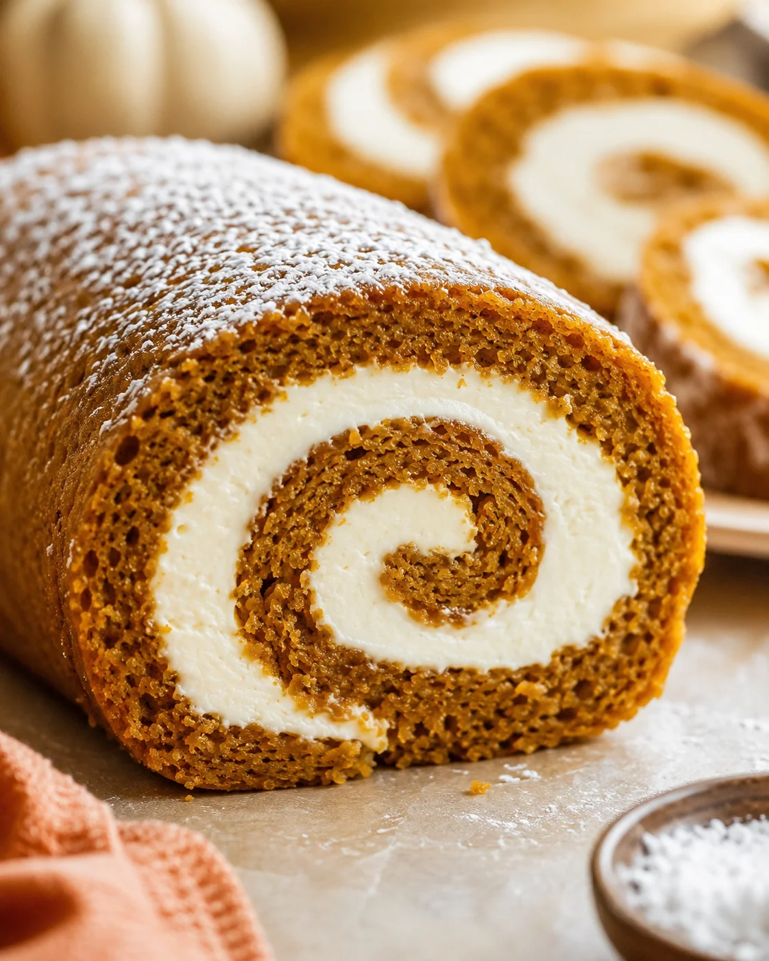A sliced pumpkin roll with cream cheese filling, dusted with powdered sugar.