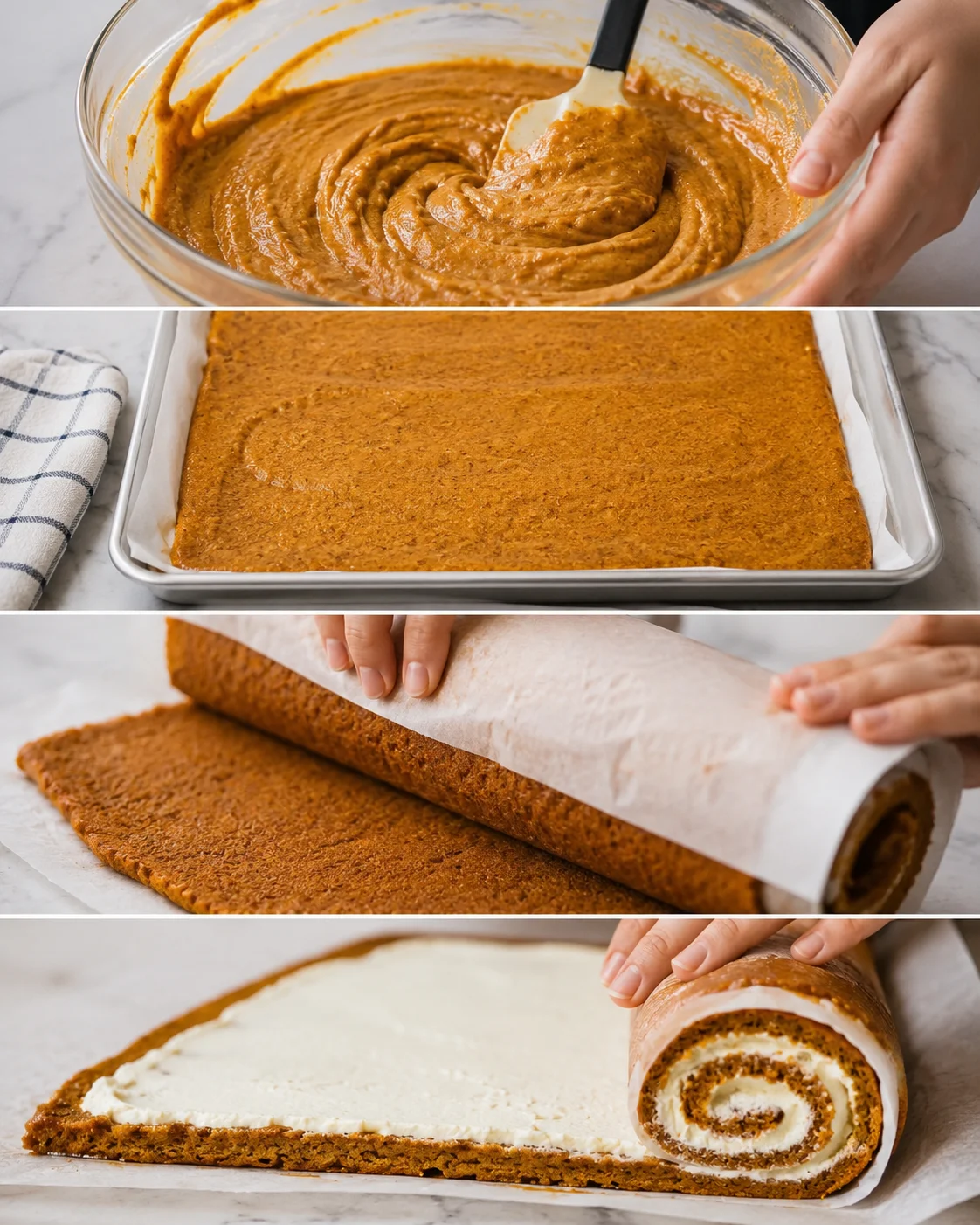 Homemade pumpkin roll with cream cheese filling, ready to serve.