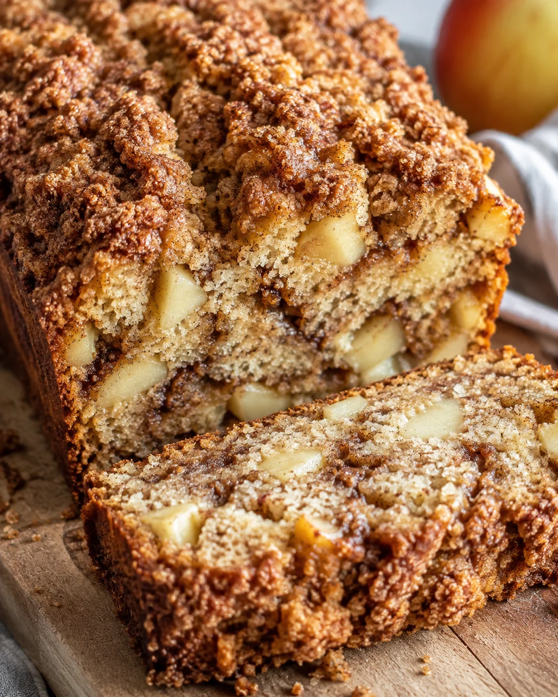 Close-up of moist cinnamon apple bread with crunchy topping and chunks of apple inside.
