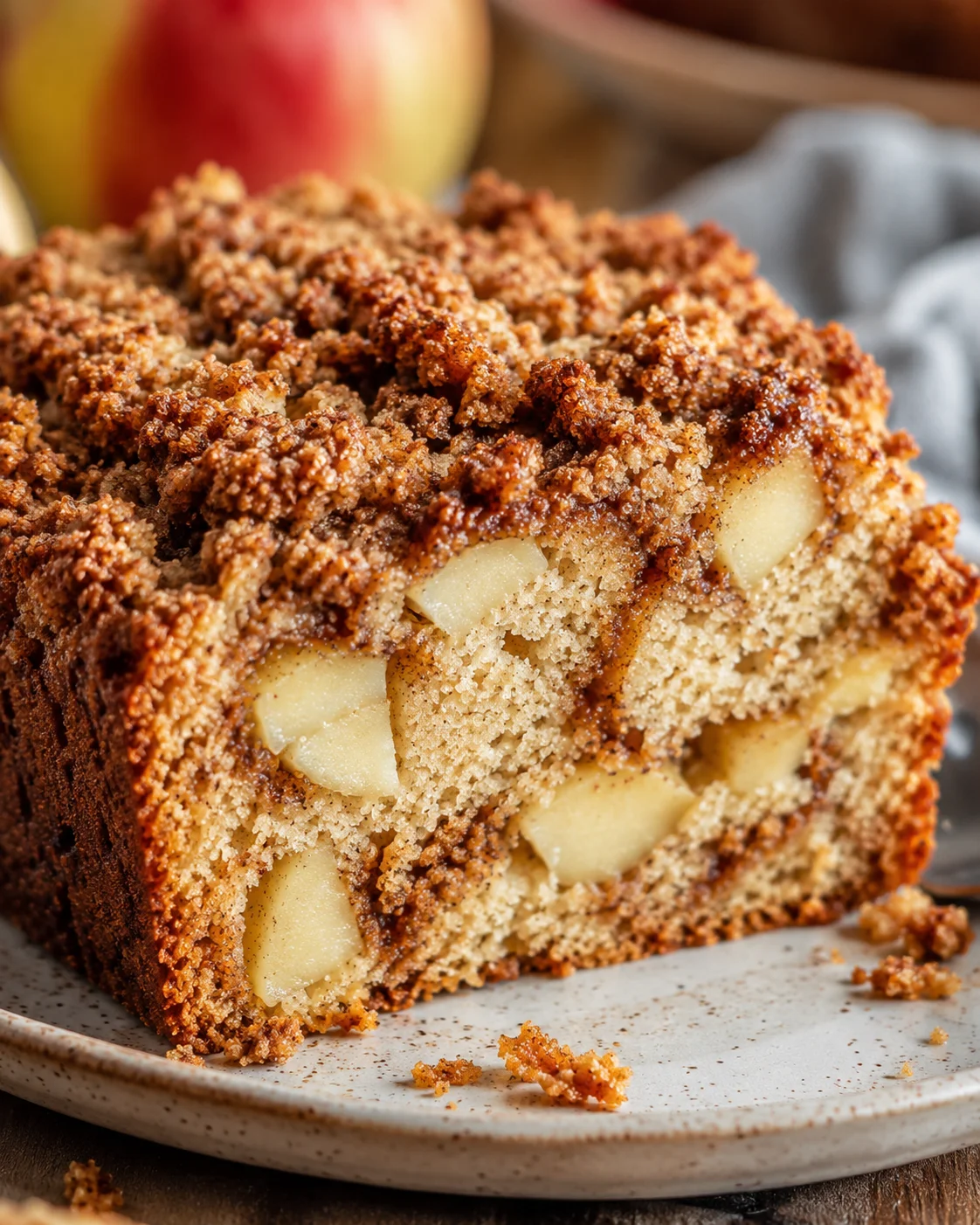 Close-up of moist cinnamon apple bread with crumbly streusel topping.