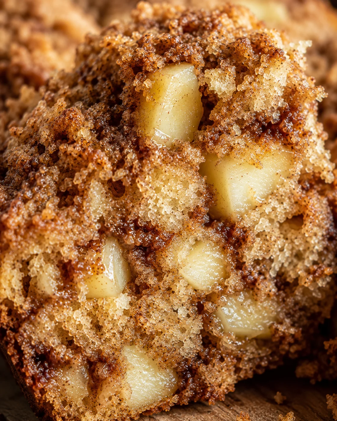 Close-up of moist cinnamon apple bread with crumbly topping and apple chunks