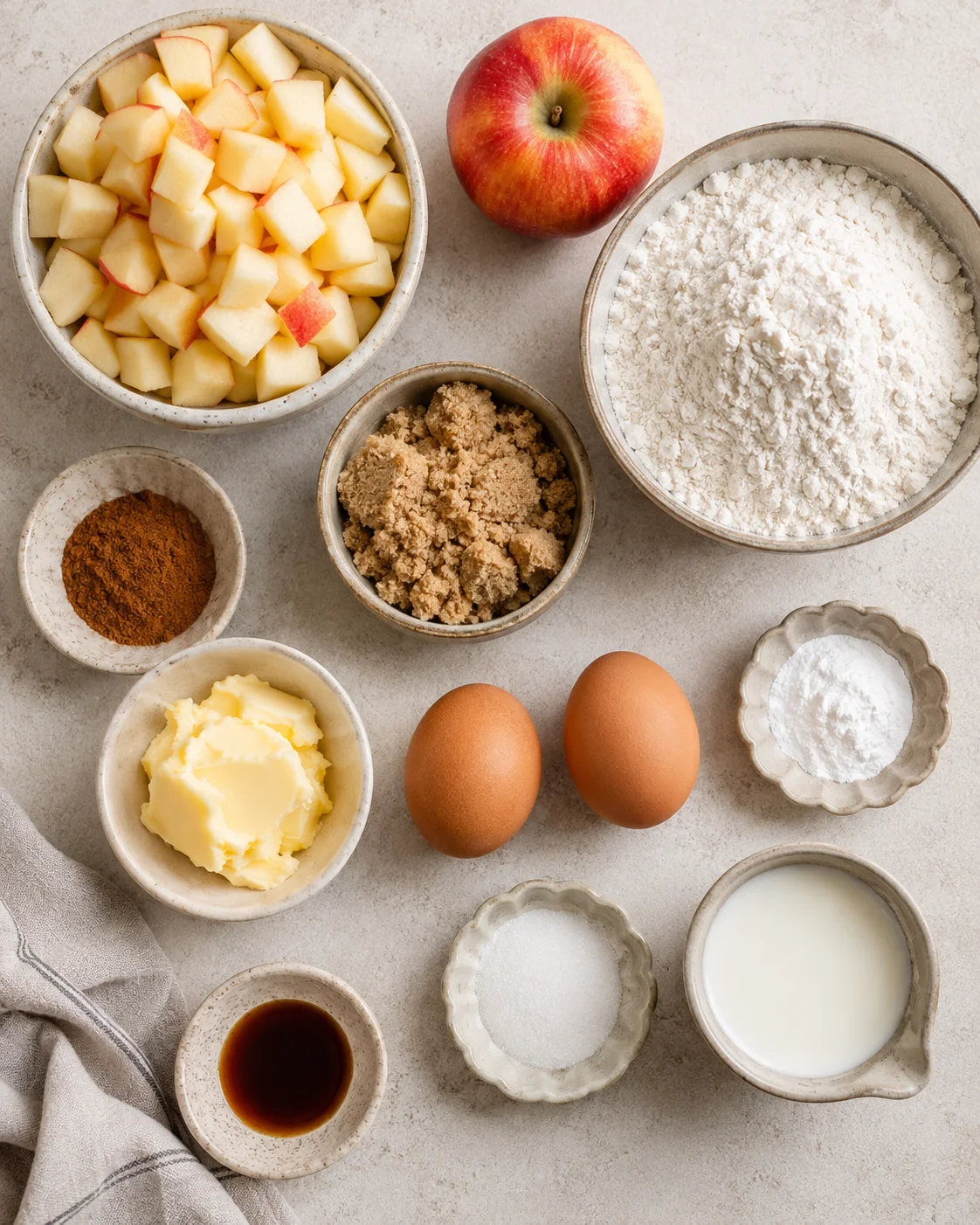 Bowl of diced apples, fresh apple, flour, brown sugar, and ingredients for cinnamon bread.