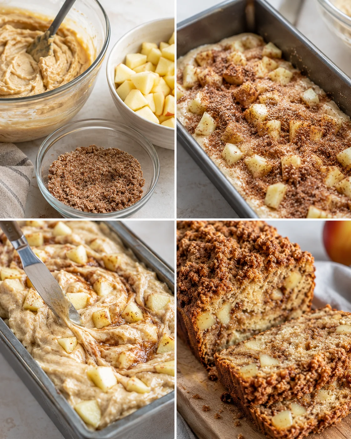 Step-by-step images of cinnamon apple bread being prepared and baked.