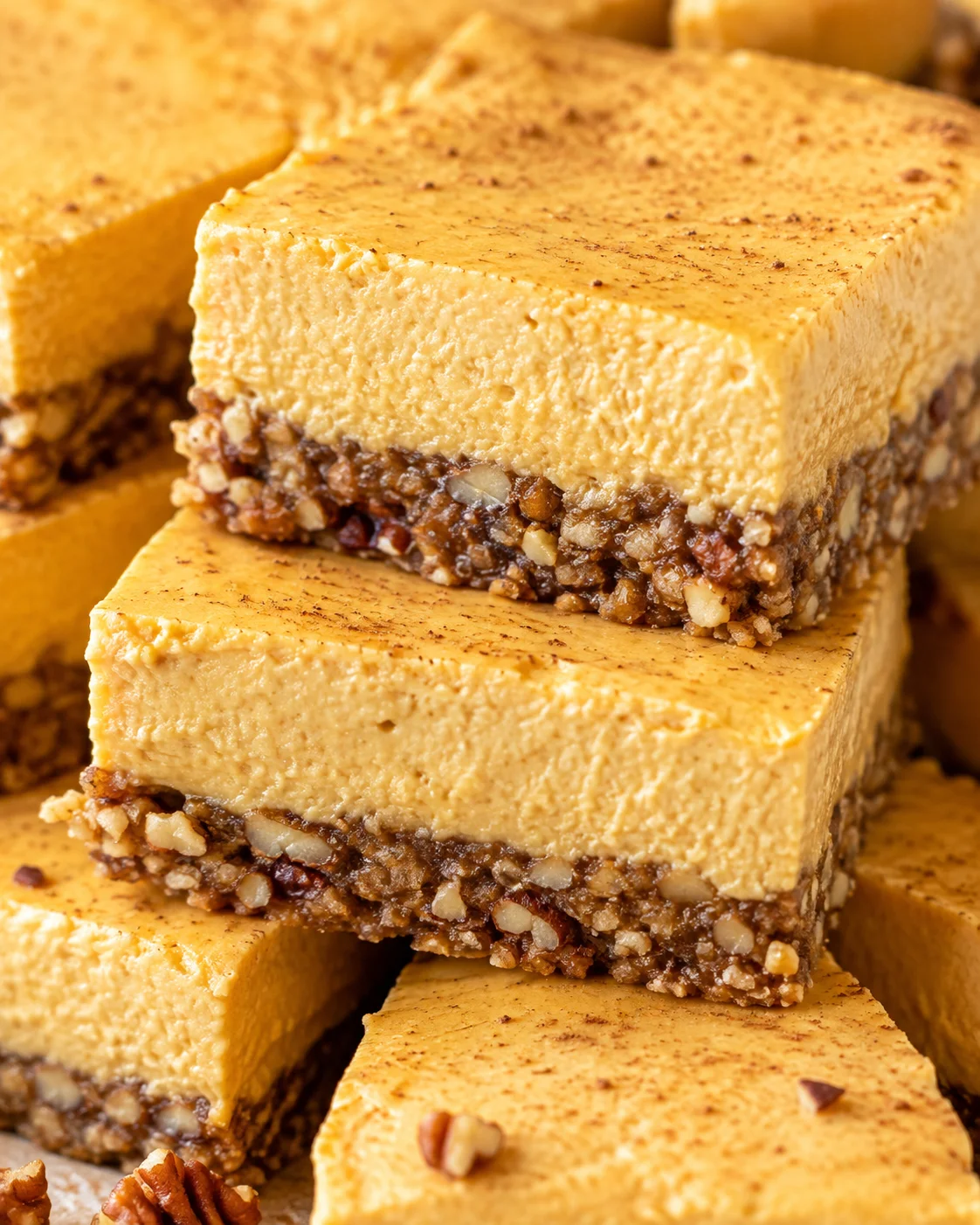 Delicious low-carb pumpkin cheesecake bars with pecan crust, perfect for fall dessert.