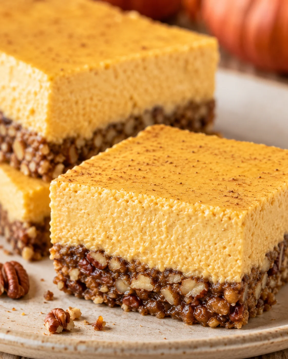 Delicious low carb pumpkin cheesecake bars with pecan crust and creamy filling