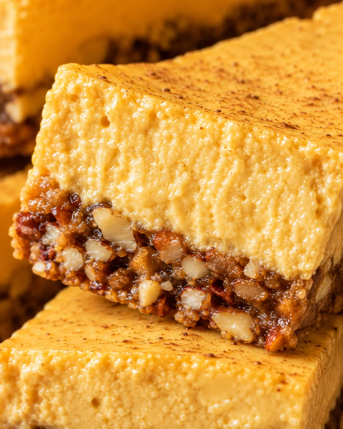 Close-up of a creamy, pumpkin cheesecake bar with a nutty crust, perfect for fall.