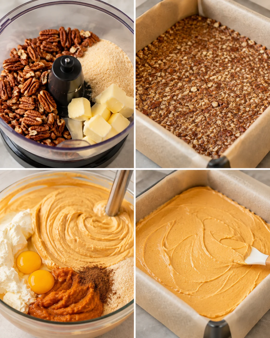 Delicious low carb pumpkin cheesecake bars with pecan crust, perfect for fall.