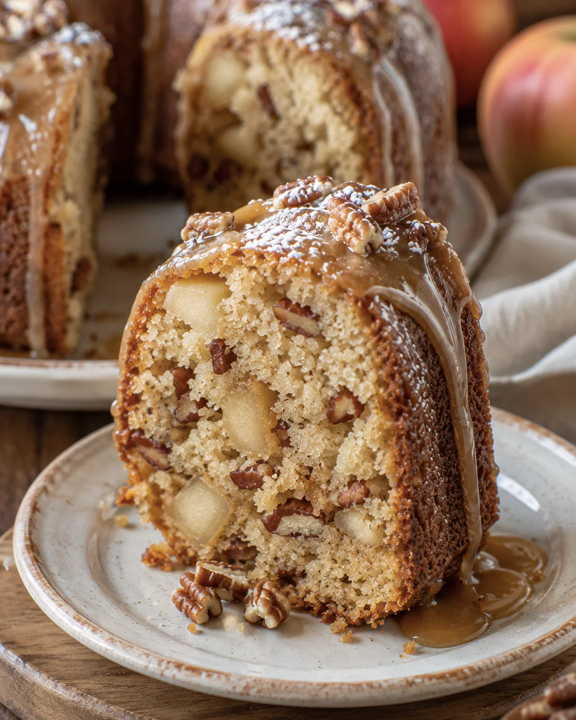 Slice of gluten-free apple cake topped with caramel glaze and pecans, on a plate.
