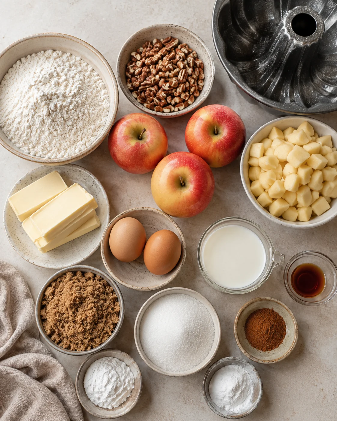 Fresh ingredients including apples, flour, eggs, and pecans for apple cake.
