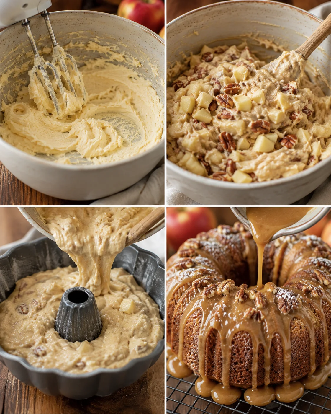 Baking process of a moist gluten-free apple cake with nuts and caramel glaze.