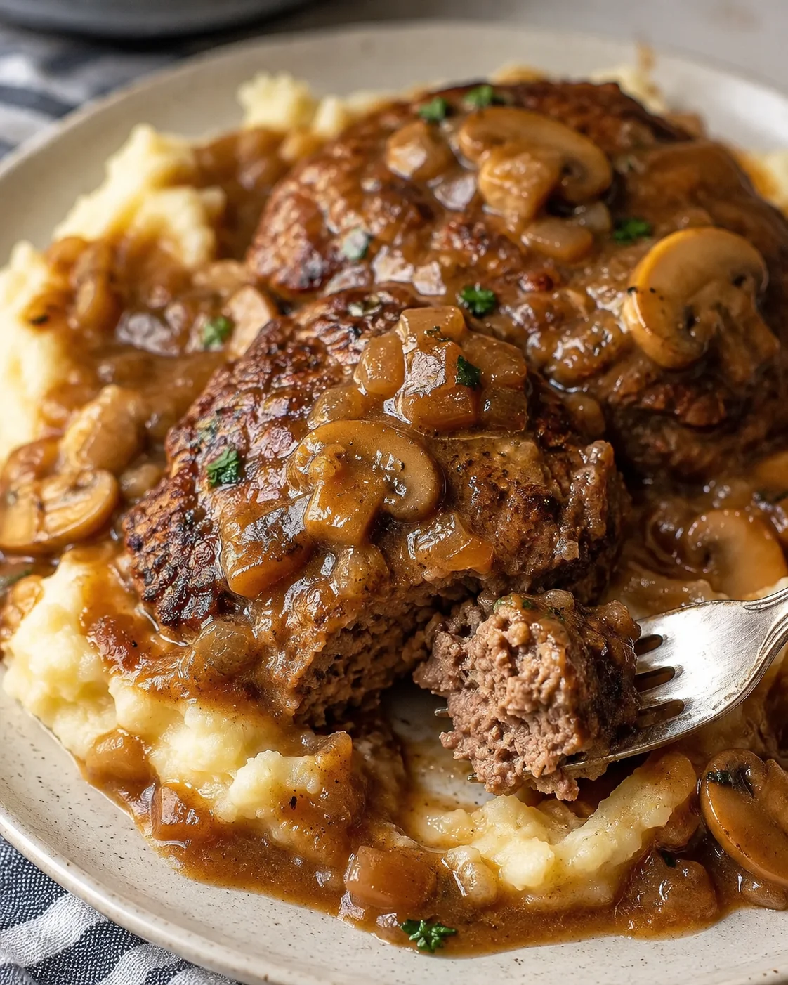 Juicy Salisbury steaks topped with savory mushroom gravy on mashed potatoes