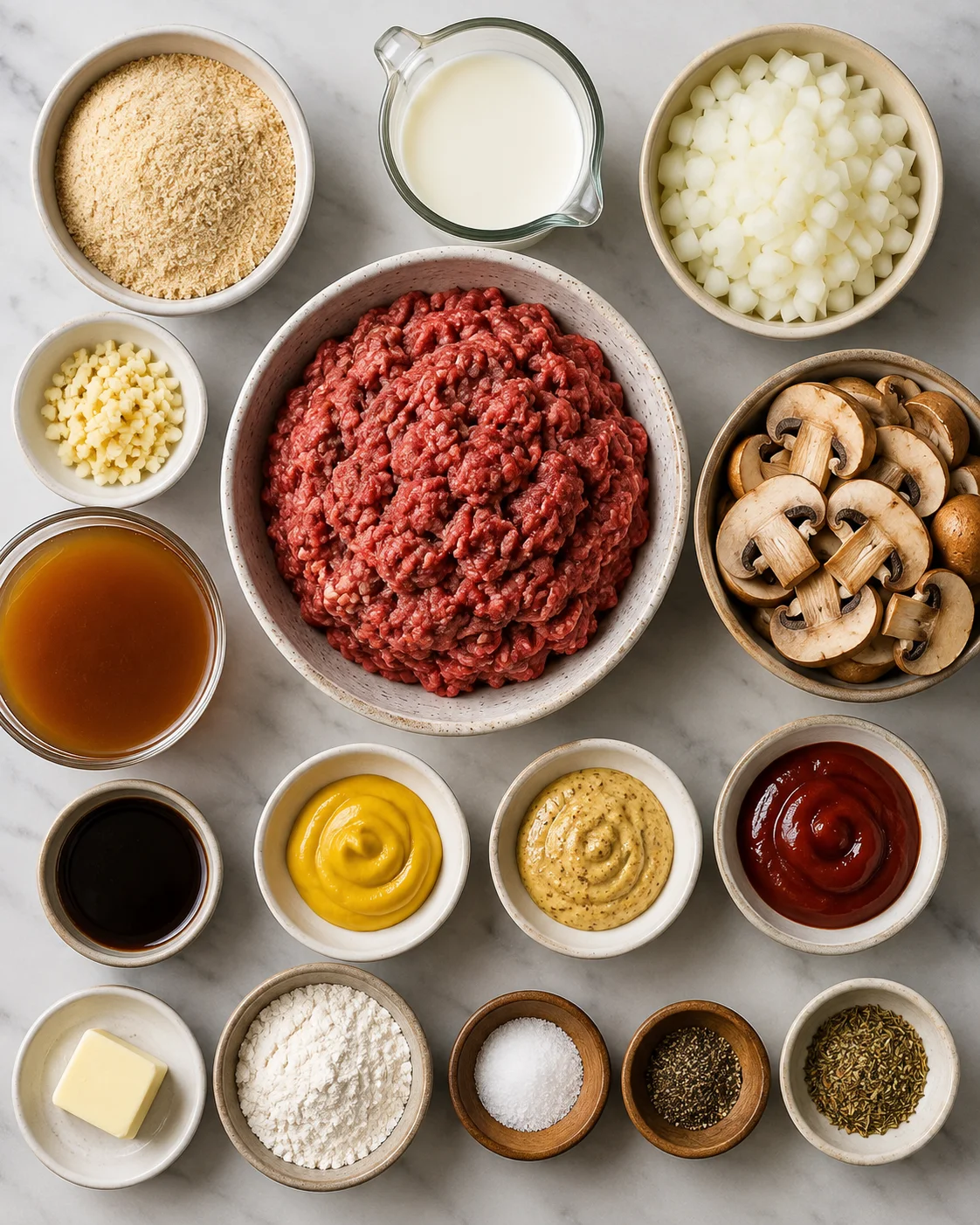 Ingredients for Salisbury steak with mushroom gravy laid out on a white surface.