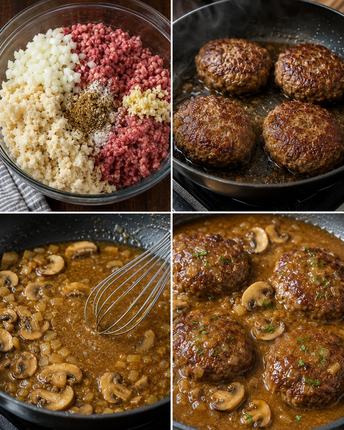 Step-by-step images of Salisbury steak with mushroom gravy being cooked