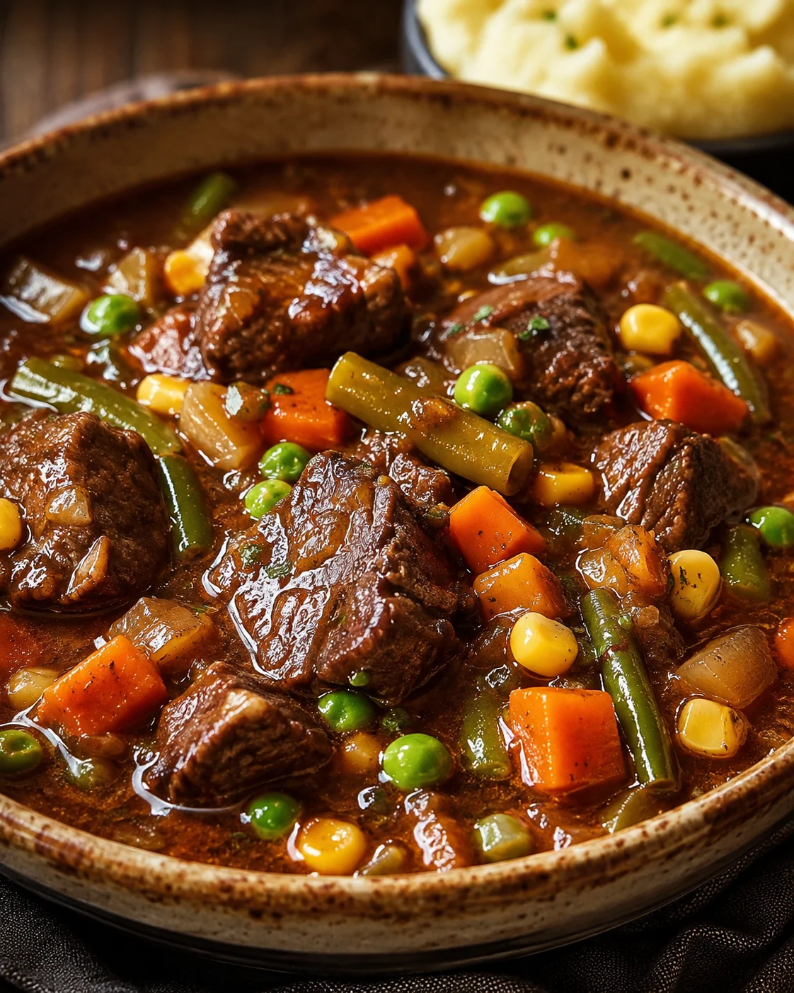 A bowl of steaming beef vegetable soup with tender beef chunks and colorful vegetables.