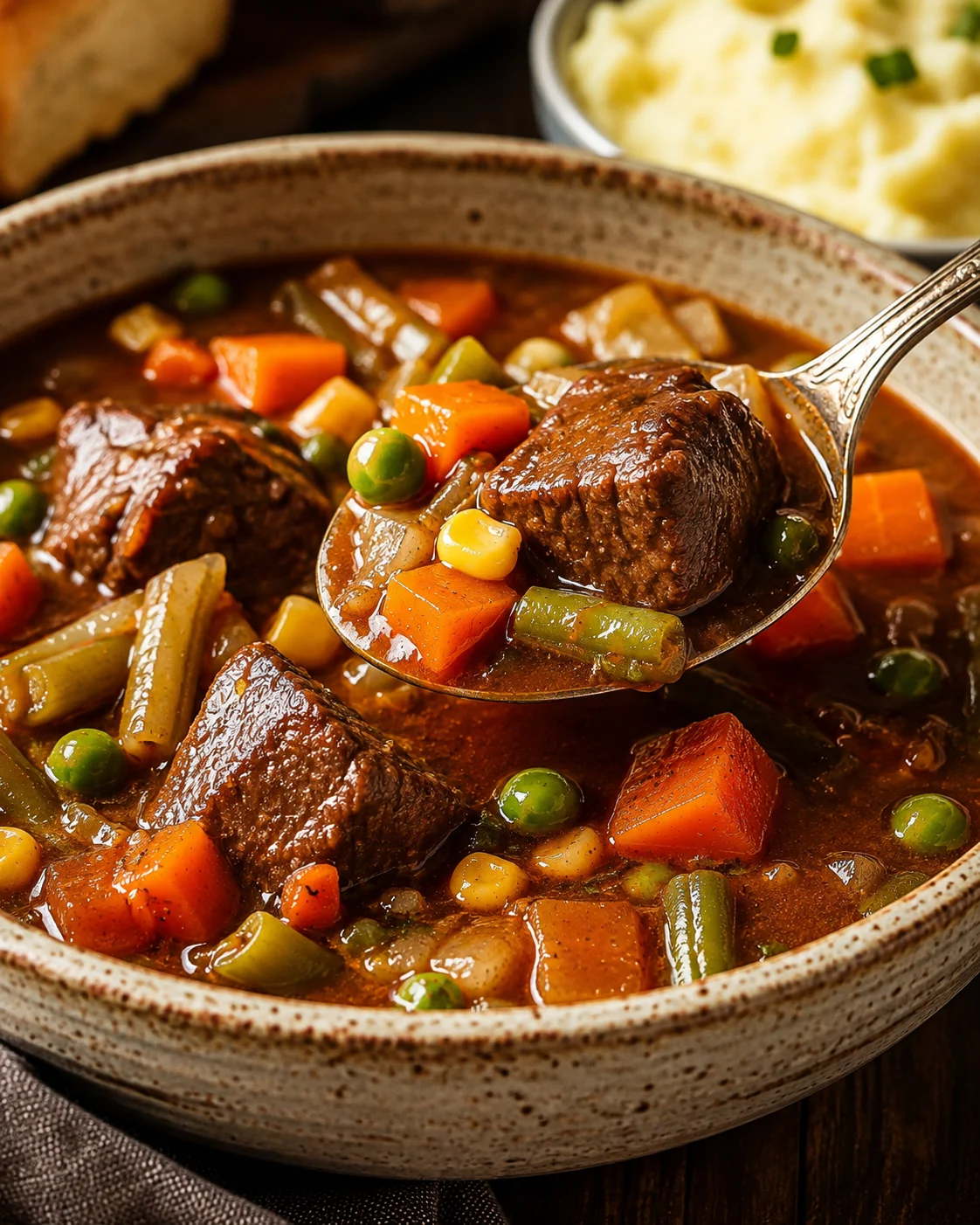 A bowl of beef vegetable soup with tender beef chunks and colorful vegetables.
