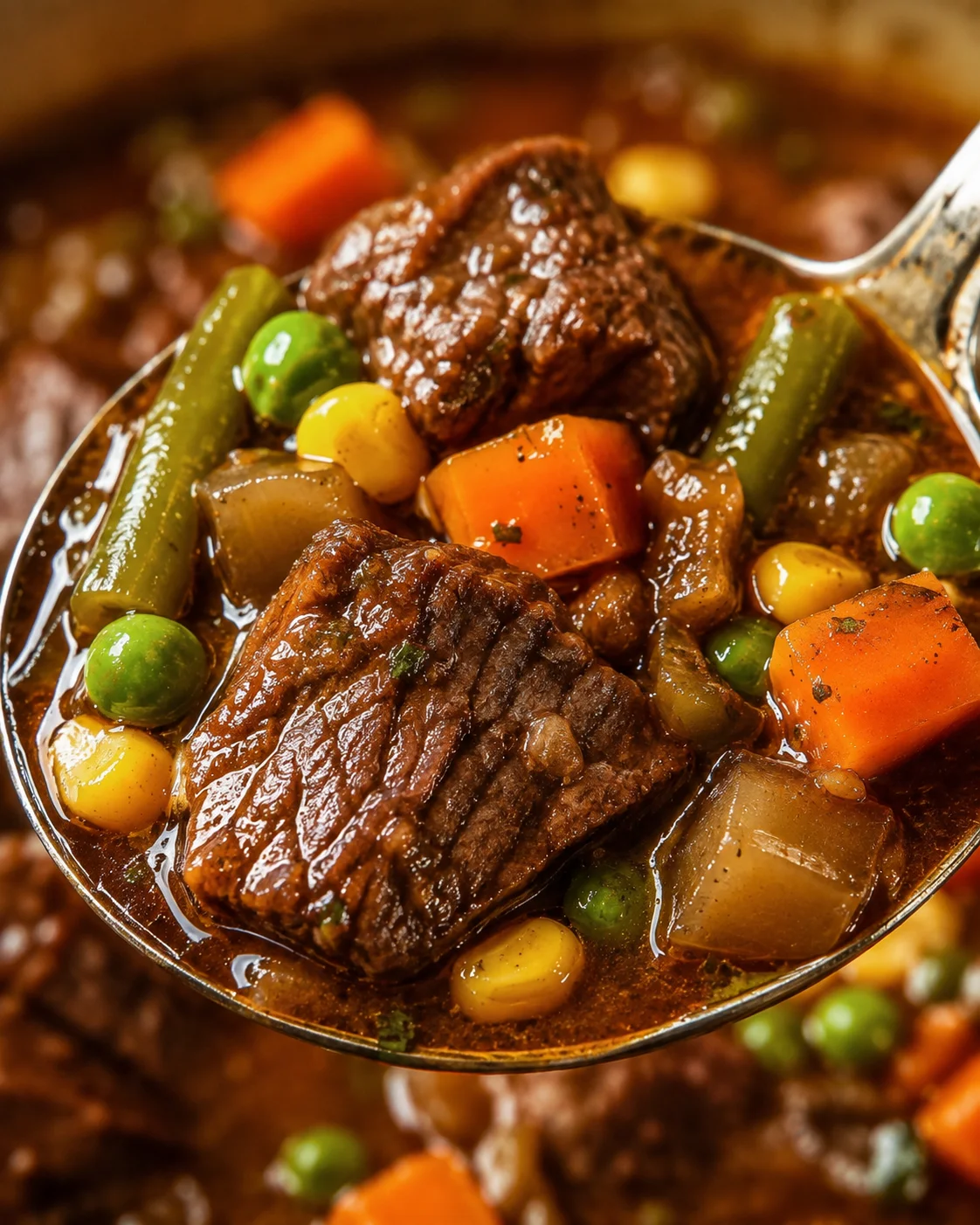 Close-up of a spoonful of rich beef and vegetable soup with tender meat and colorful veggies