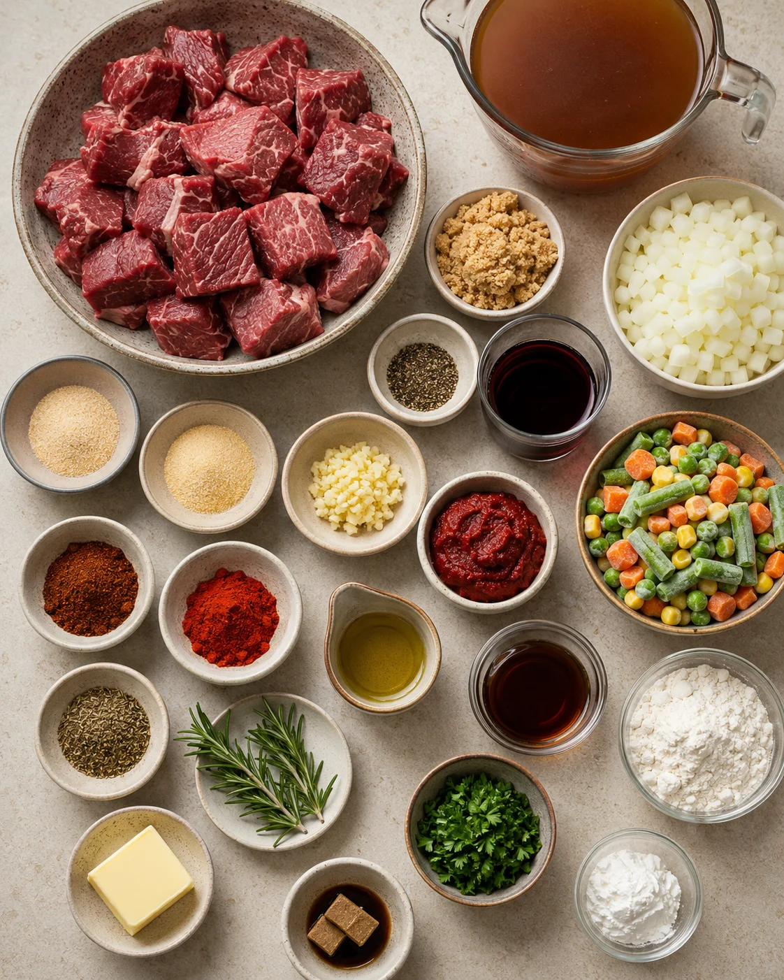 Assorted raw beef chunks and vegetables for hearty beef vegetable soup.