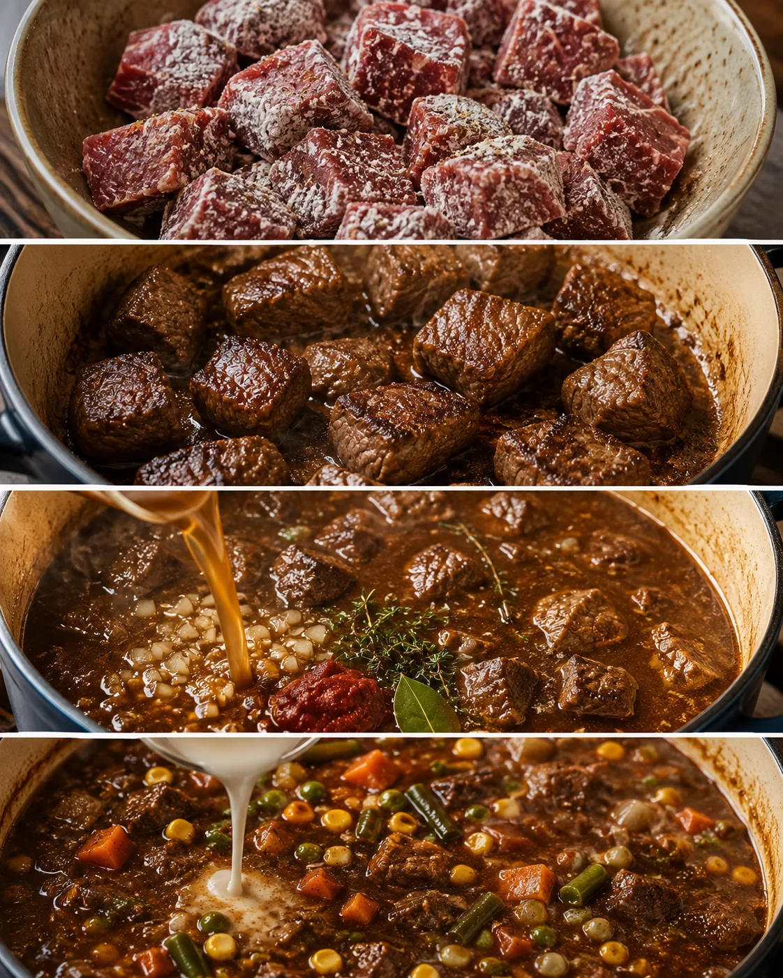 Step-by-step process of making beef vegetable soup with beef cubes, simmering vegetables, and broth.