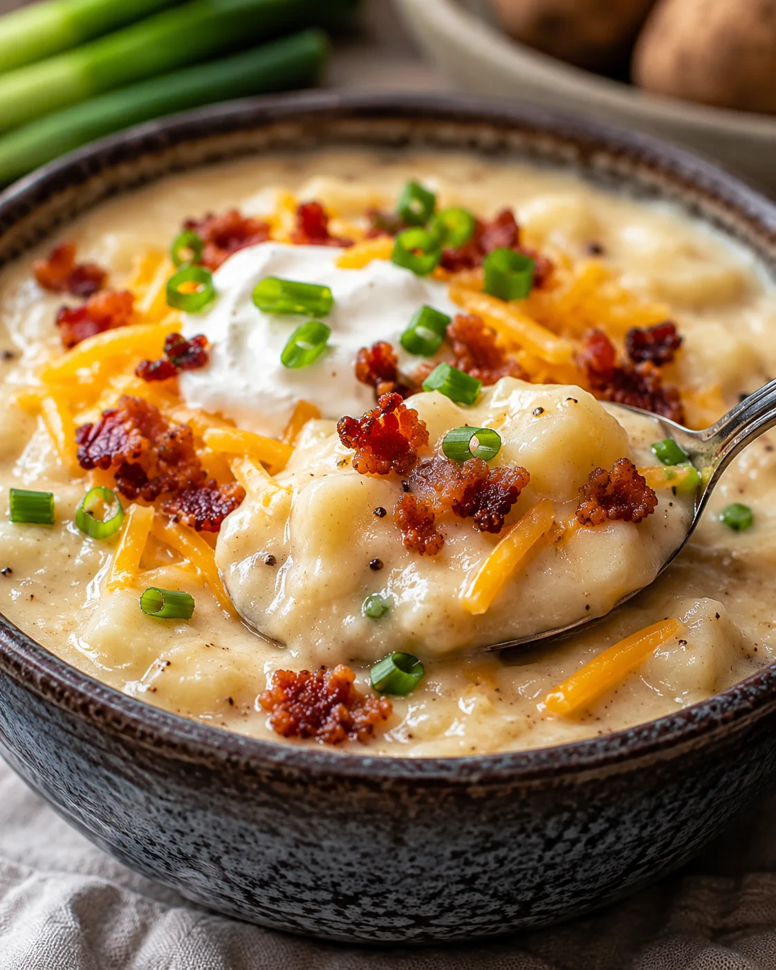 Creamy loaded baked potato soup topped with bacon, cheese, sour cream, and green onions.