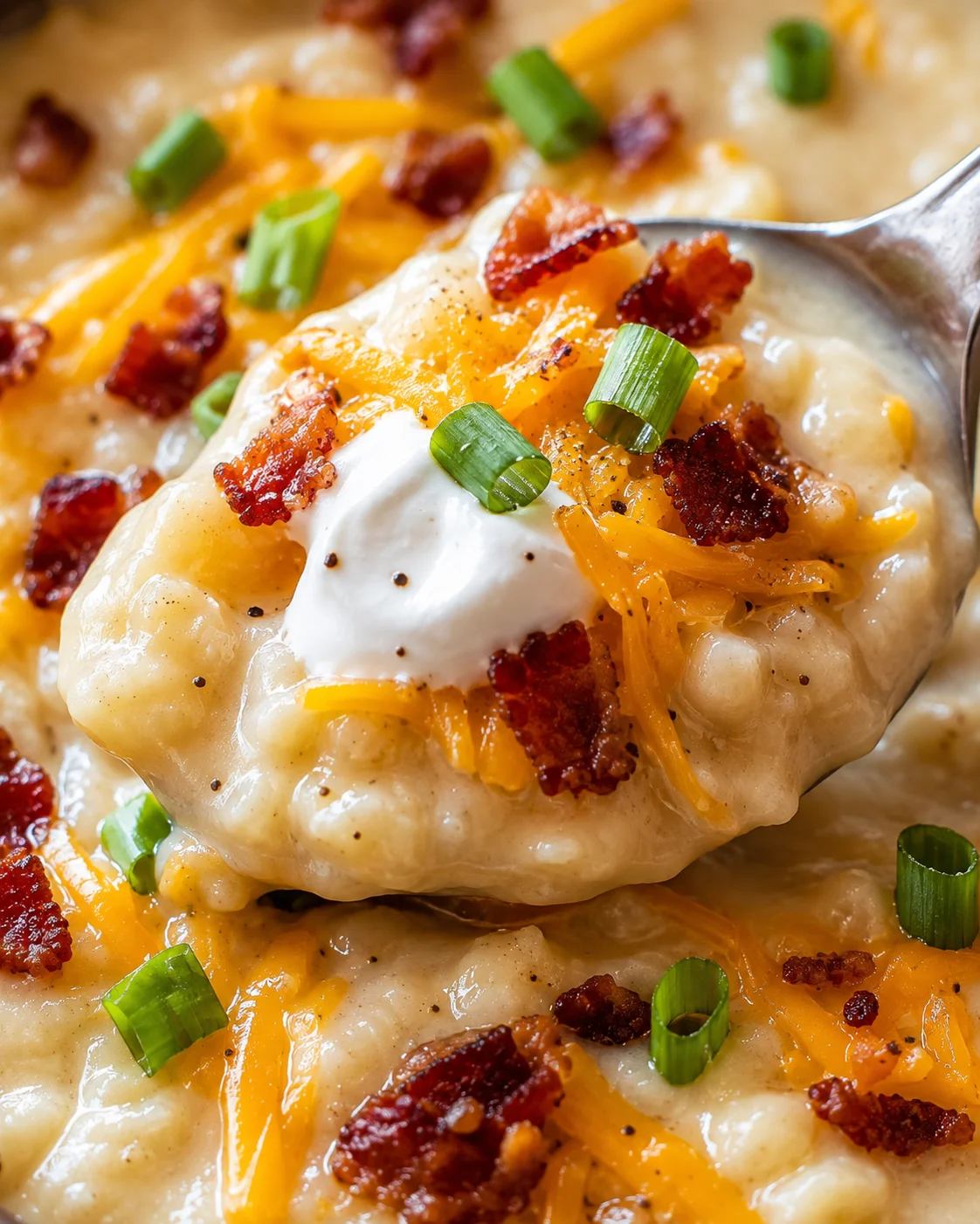 Close-up of creamy baked potato soup topped with bacon, cheese, and green onions.
