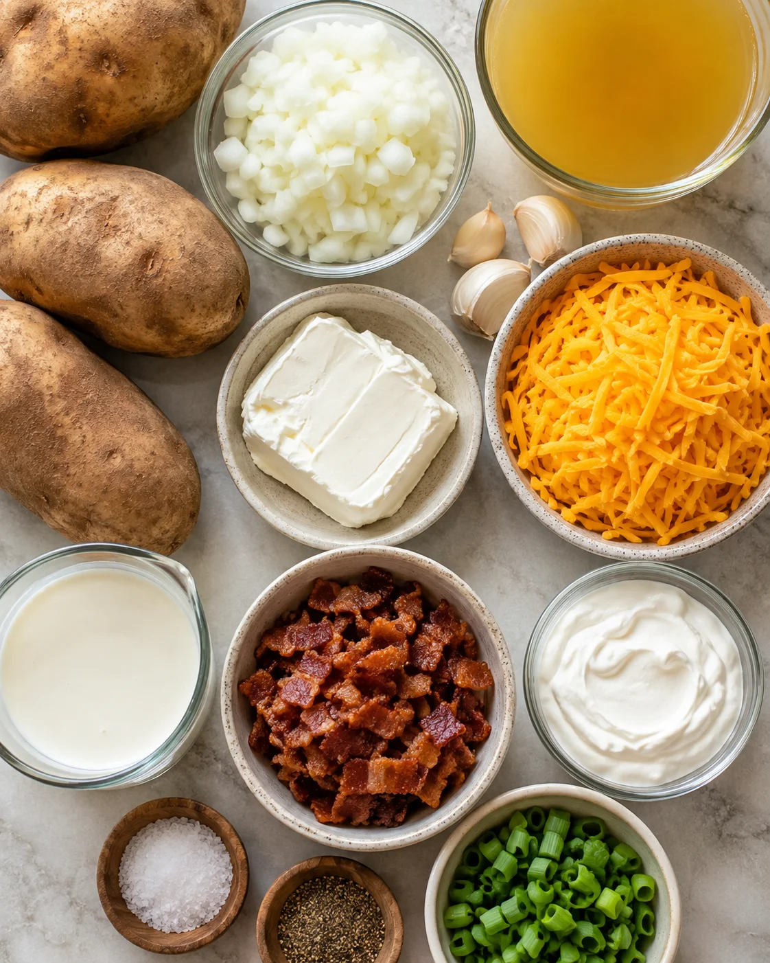 Display of ingredients including potatoes, cheese, bacon, garlic, and cream for soup.