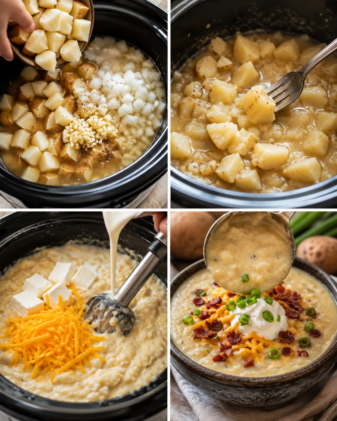 Creamy loaded potato soup topped with cheese, bacon, and green onions in a bowl