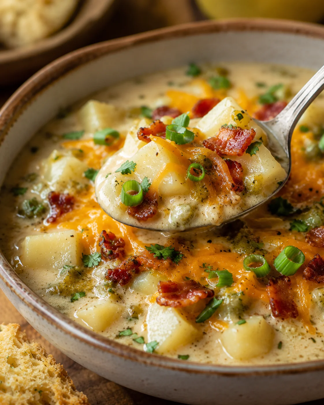Creamy baked potato soup with bacon, cheese, and green onions served in a bowl