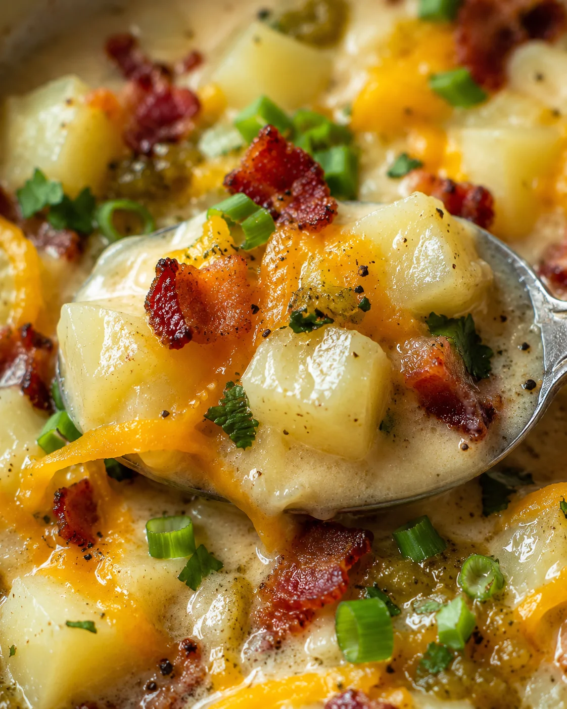 Close-up of creamy loaded baked potato soup with bacon and cheese toppings