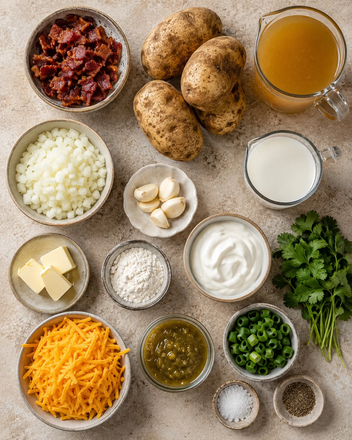 Assorted ingredients for spicy baked potato soup including potatoes, bacon, cheese, and broth.