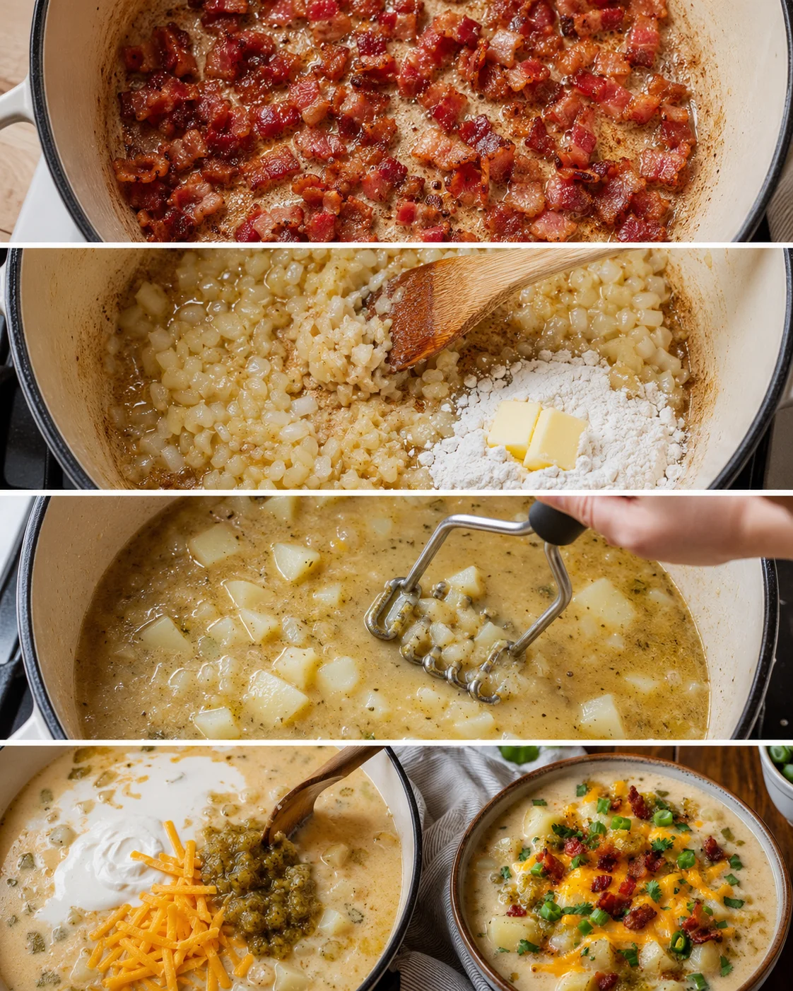 Creamy, spicy baked potato soup with bacon, cheese, and green onions in a bowl