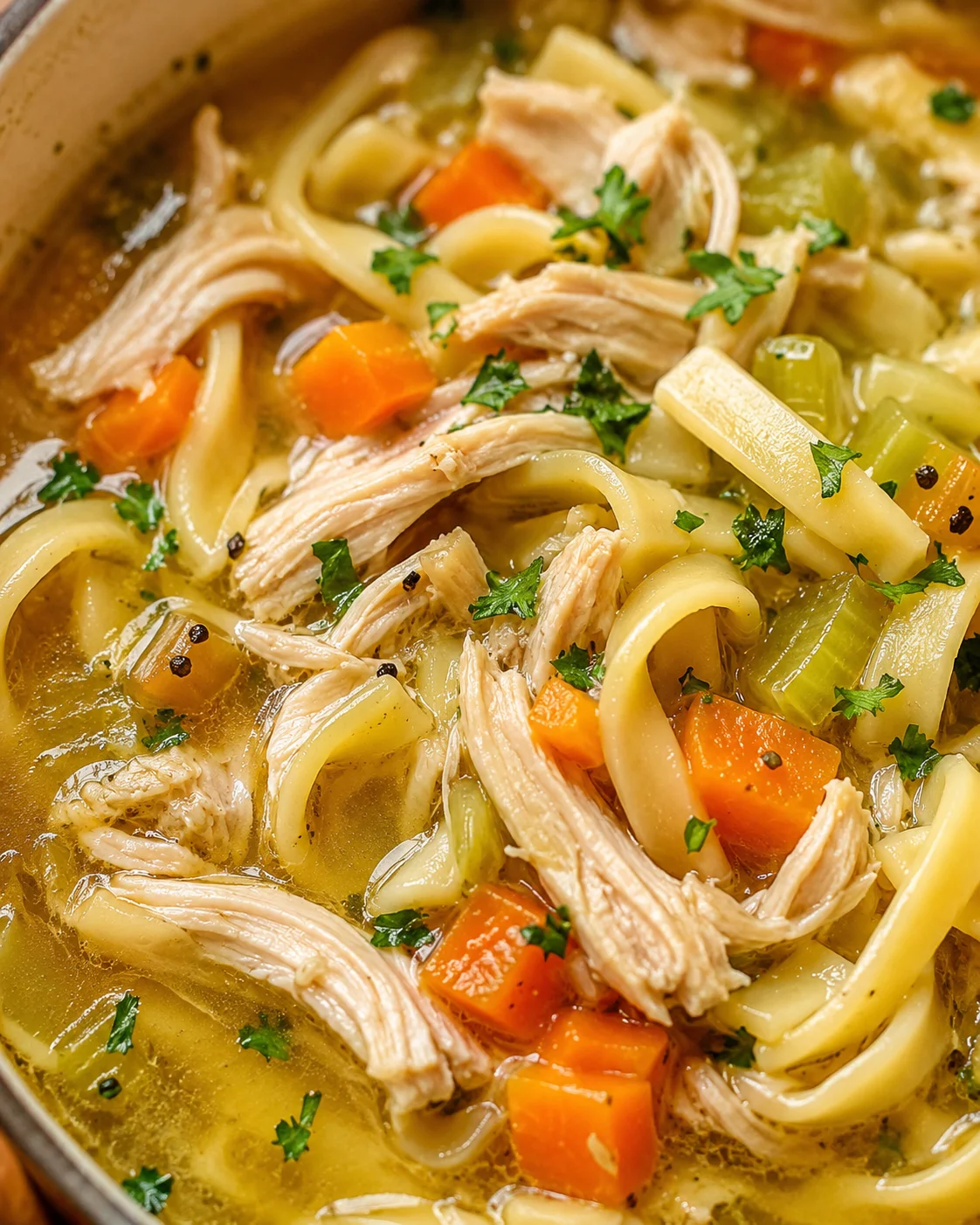 A close-up of homemade chicken noodle soup with vegetables and shredded chicken