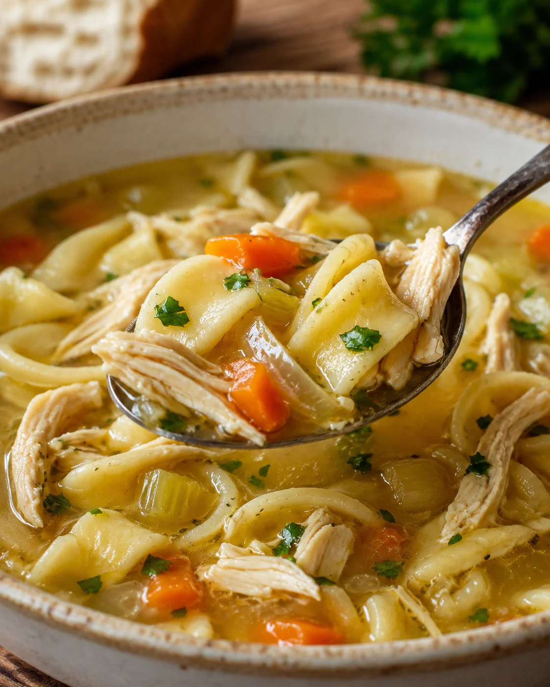 A bowl of hearty homemade chicken noodle soup with vegetables and shredded chicken.