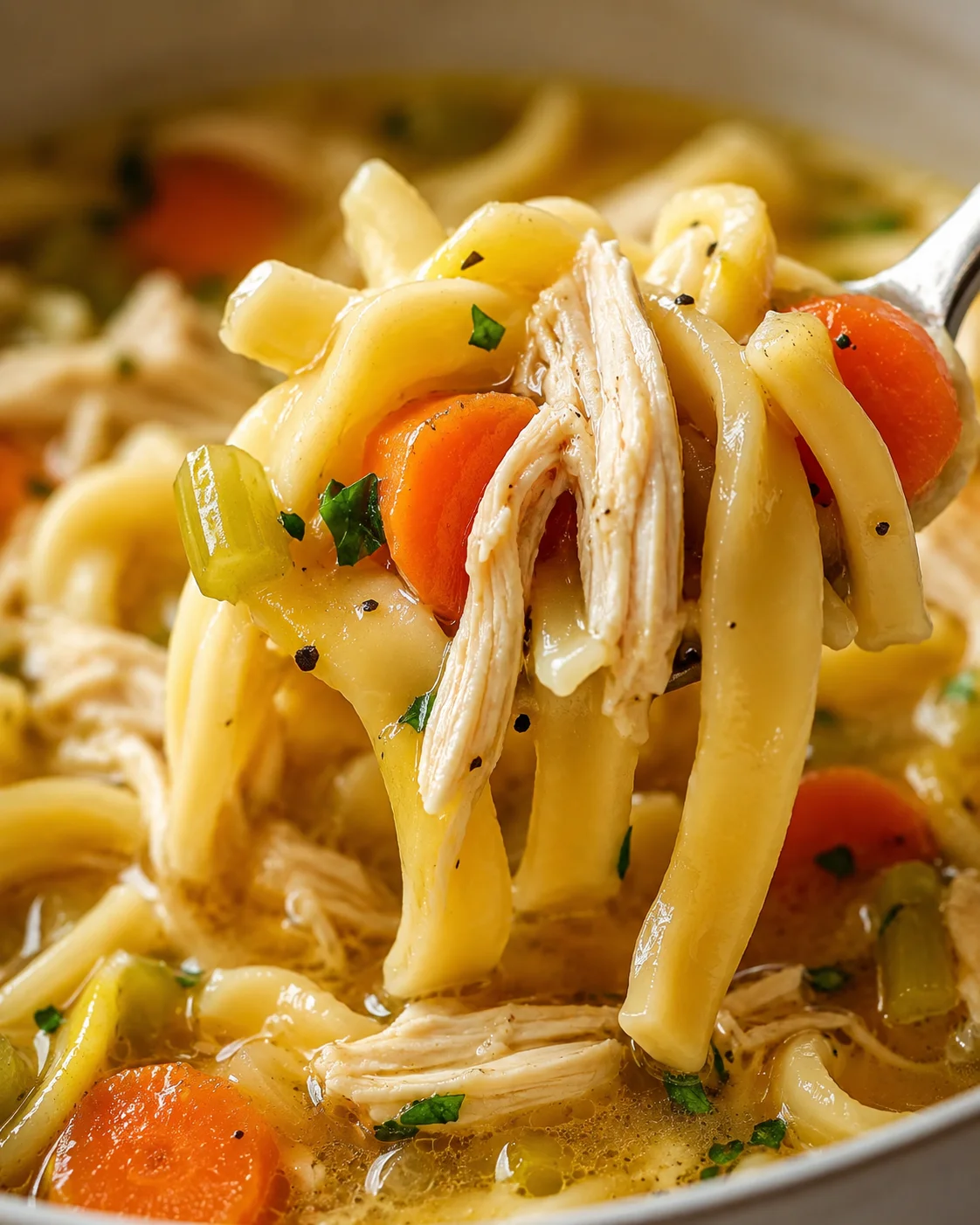Close-up of hearty chicken noodle soup with vegetables and shredded chicken
