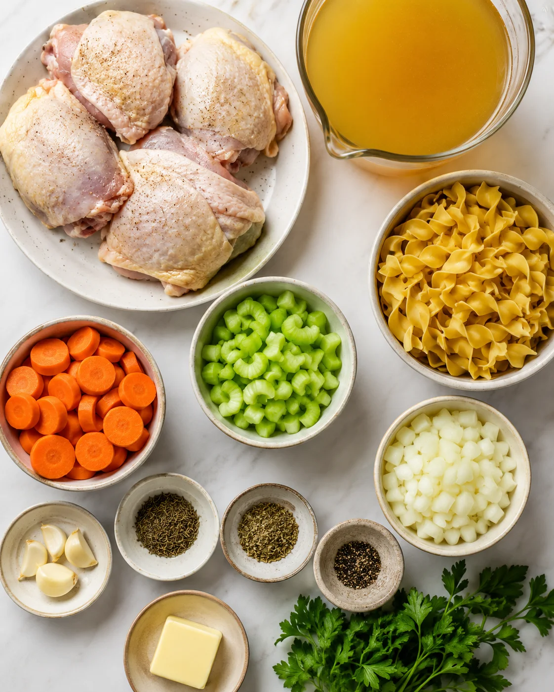 Fresh chicken thighs, vegetables, and noodles prepared for homemade soup.