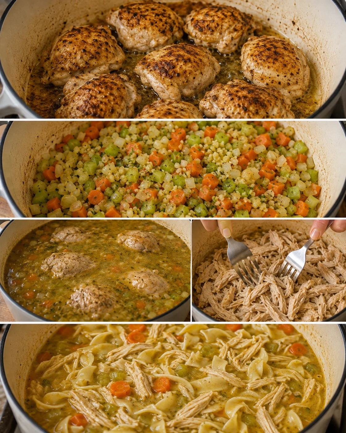 Step-by-step preparation of homemade chicken noodle soup with chicken, vegetables, and noodles.