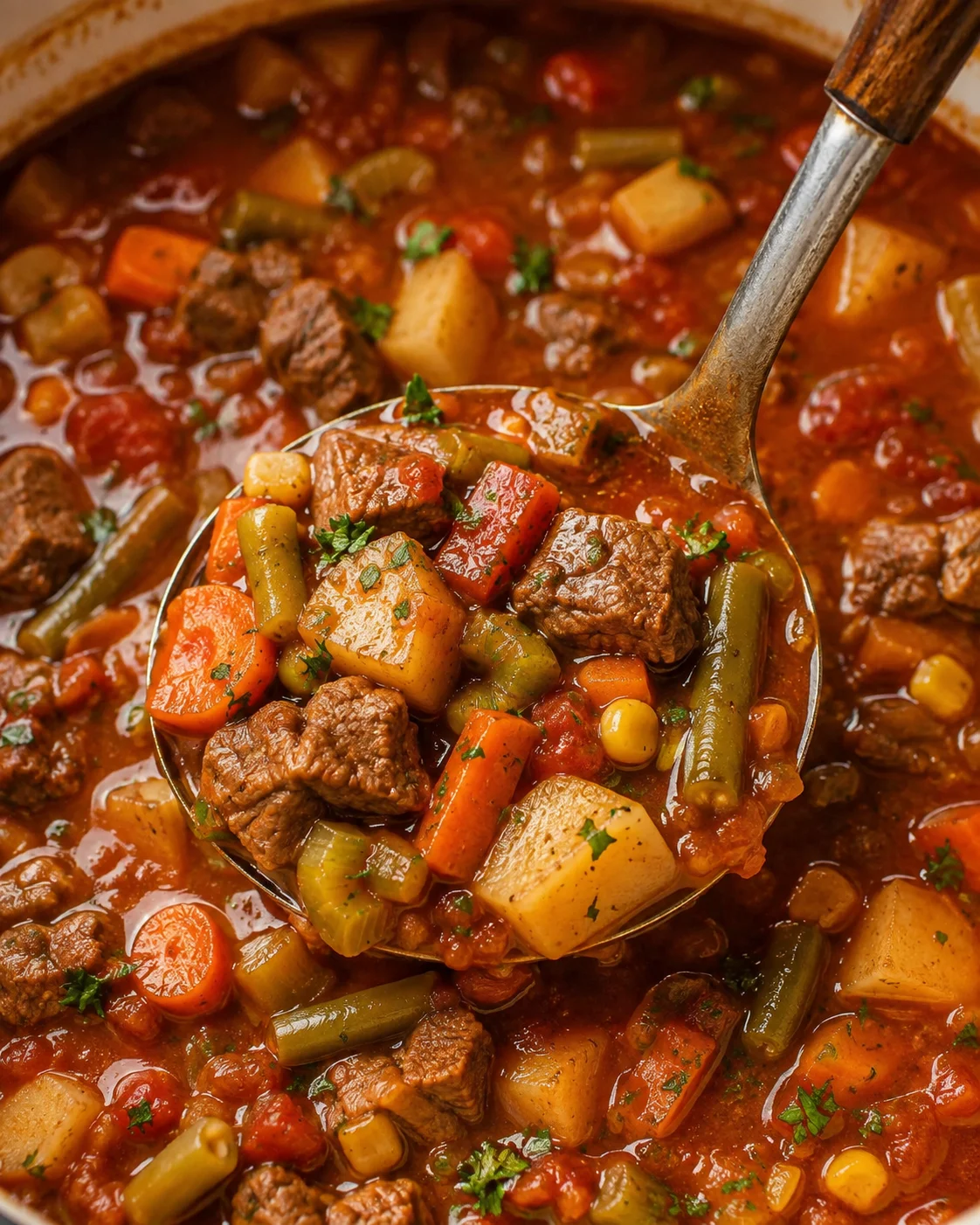 A close-up image of a savory bowl with beef, vegetables, and rich broth