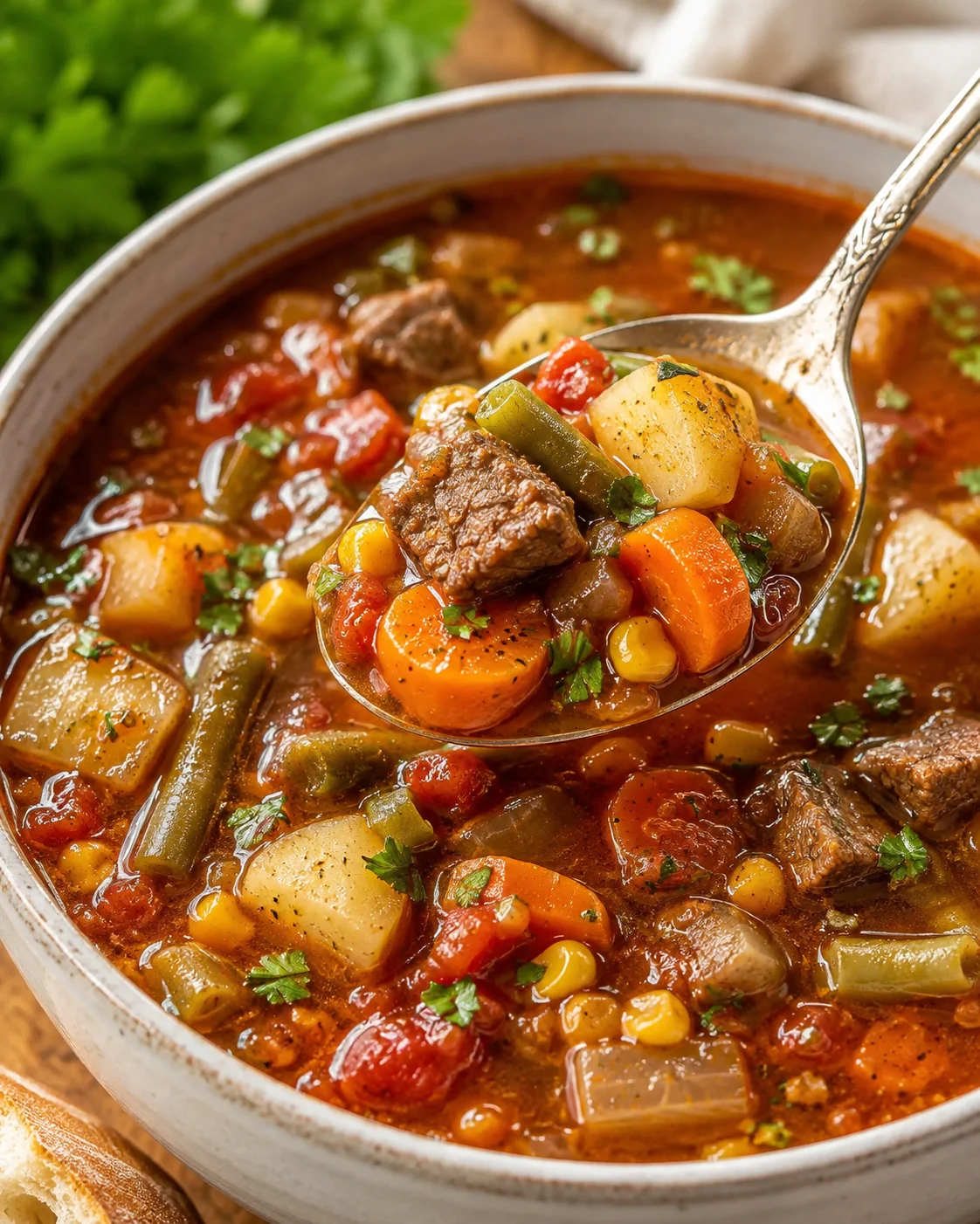 A bowl of rich vegetable beef soup with tender beef chunks and colorful vegetables.