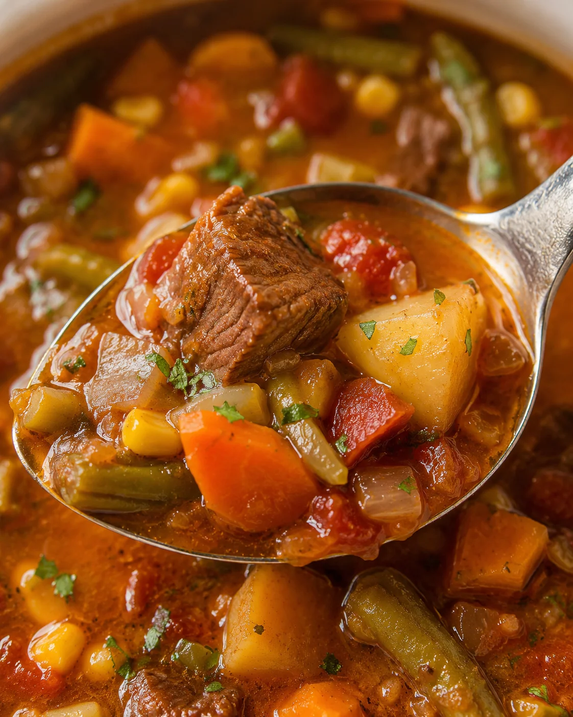 Warm, comforting bowl of crockpot vegetable beef soup with tender beef and colorful veggies
