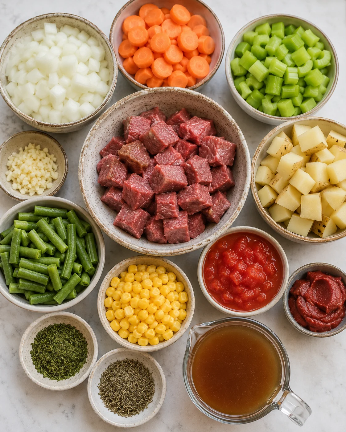 Assorted fresh vegetables and beef chunks ready for crockpot soup preparation