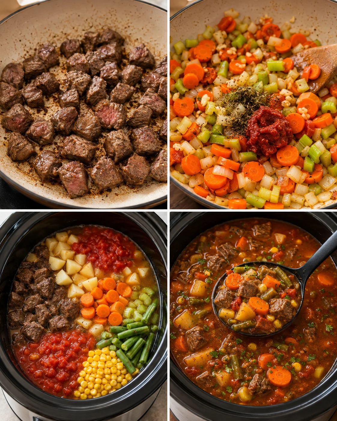 Slow cooker vegetable beef soup with tender beef and colorful vegetables in broth.