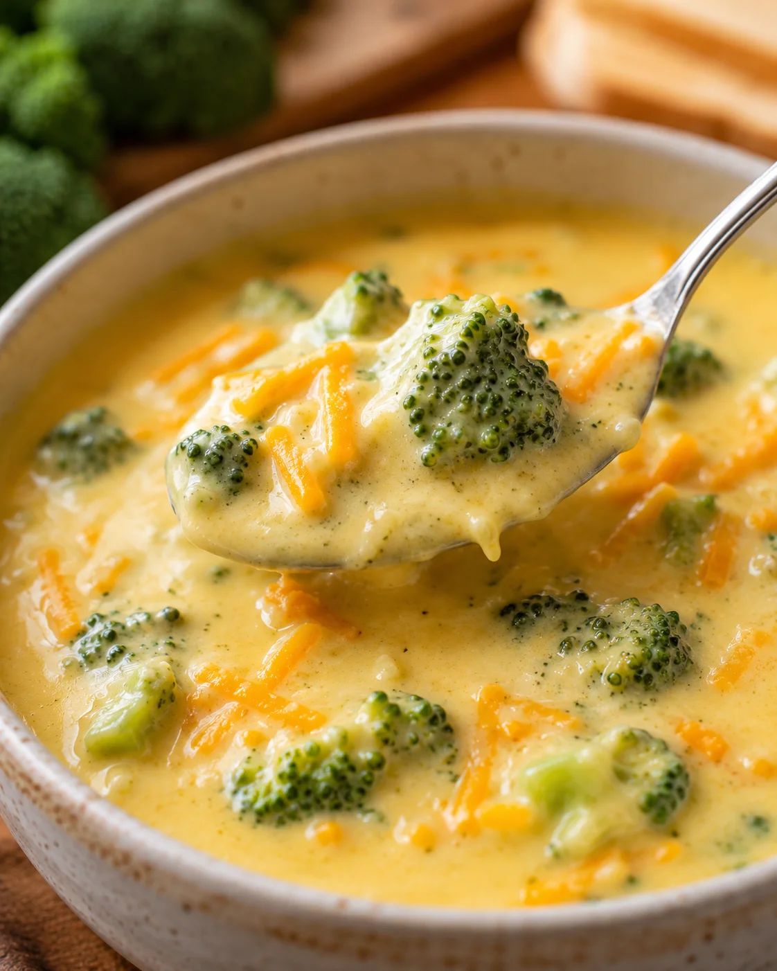 A spoonful of creamy broccoli cheddar soup with broccoli florets and melted cheese