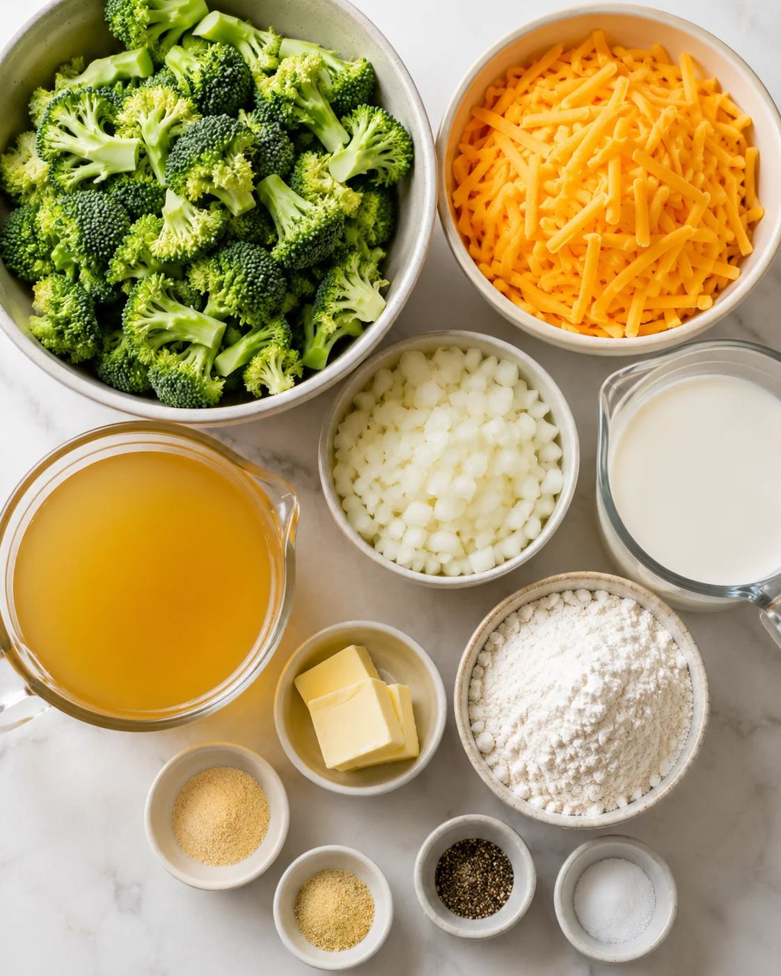 Fresh broccoli, shredded cheese, and other ingredients for homemade soup.