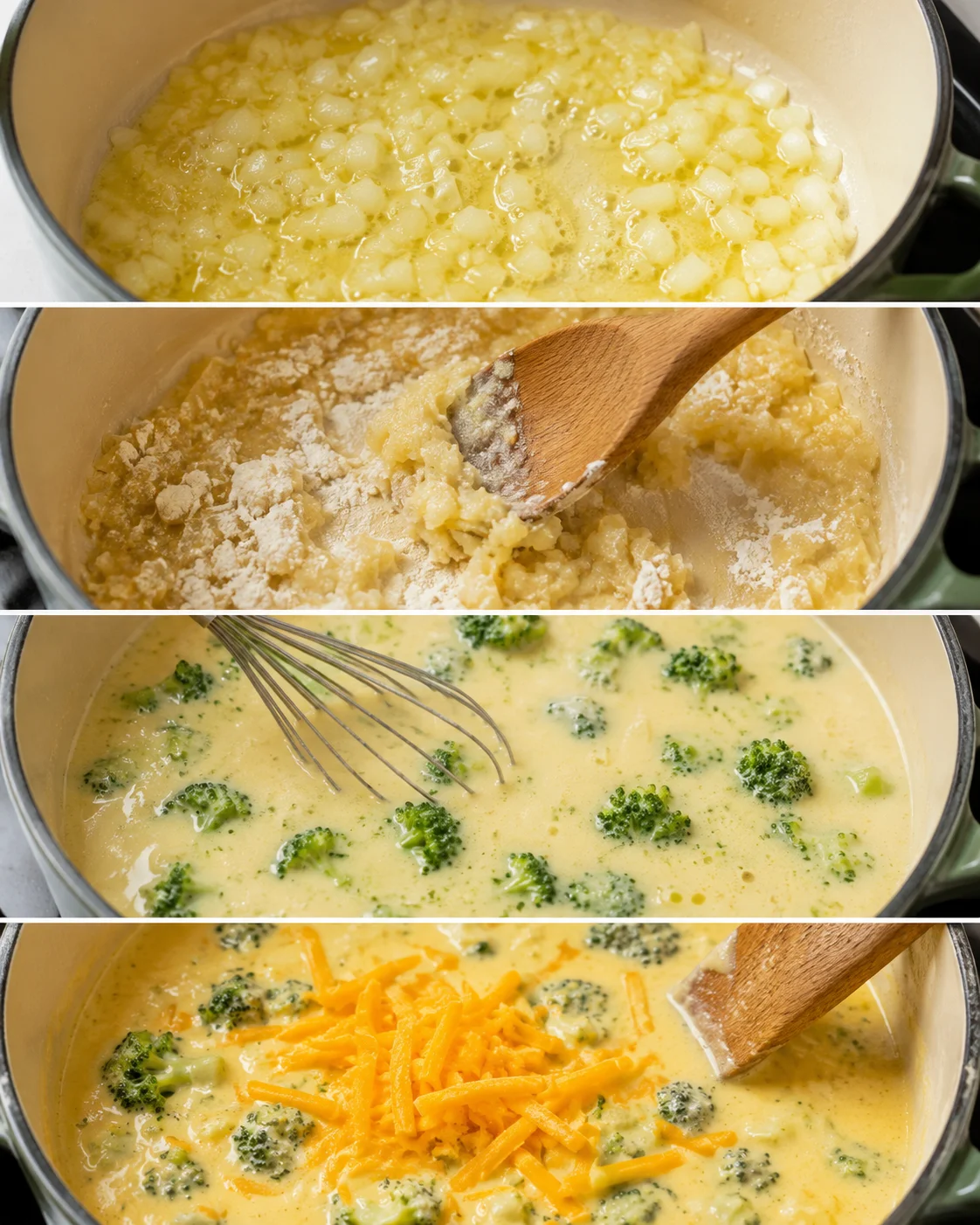 Step-by-step process of making broccoli cheddar soup in a pot.