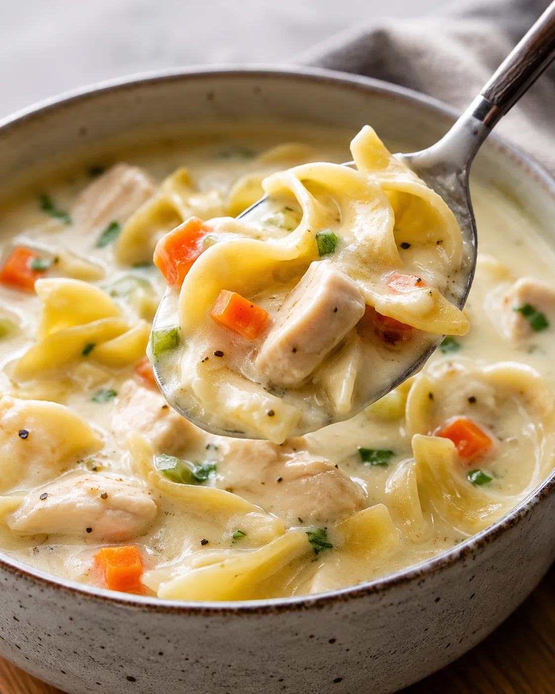 A bowl of creamy chicken noodle soup with vegetables and tender chicken chunks.