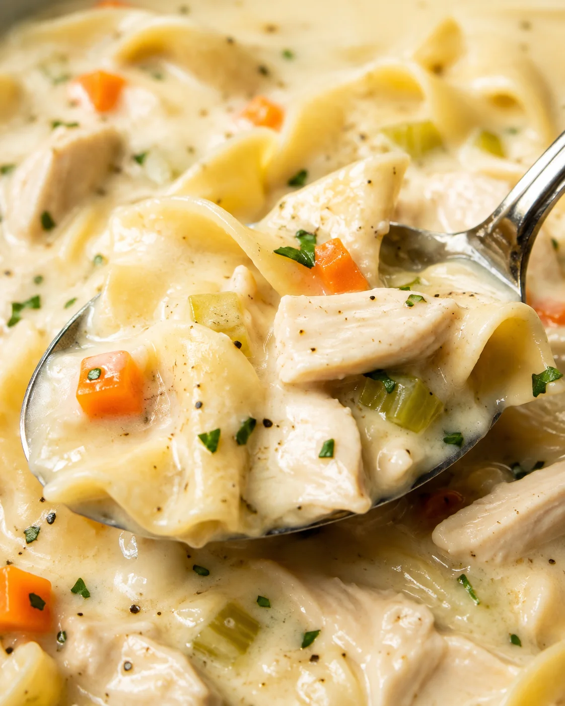Creamy chicken noodle soup with vegetables and tender chicken chunks in a velvety broth.