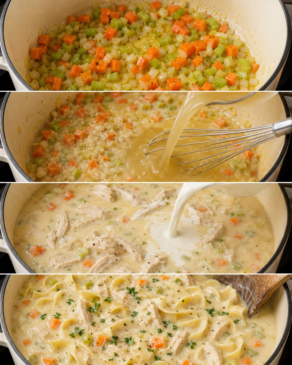 A delicious batch of creamy chicken noodle soup with vegetables and tender chicken