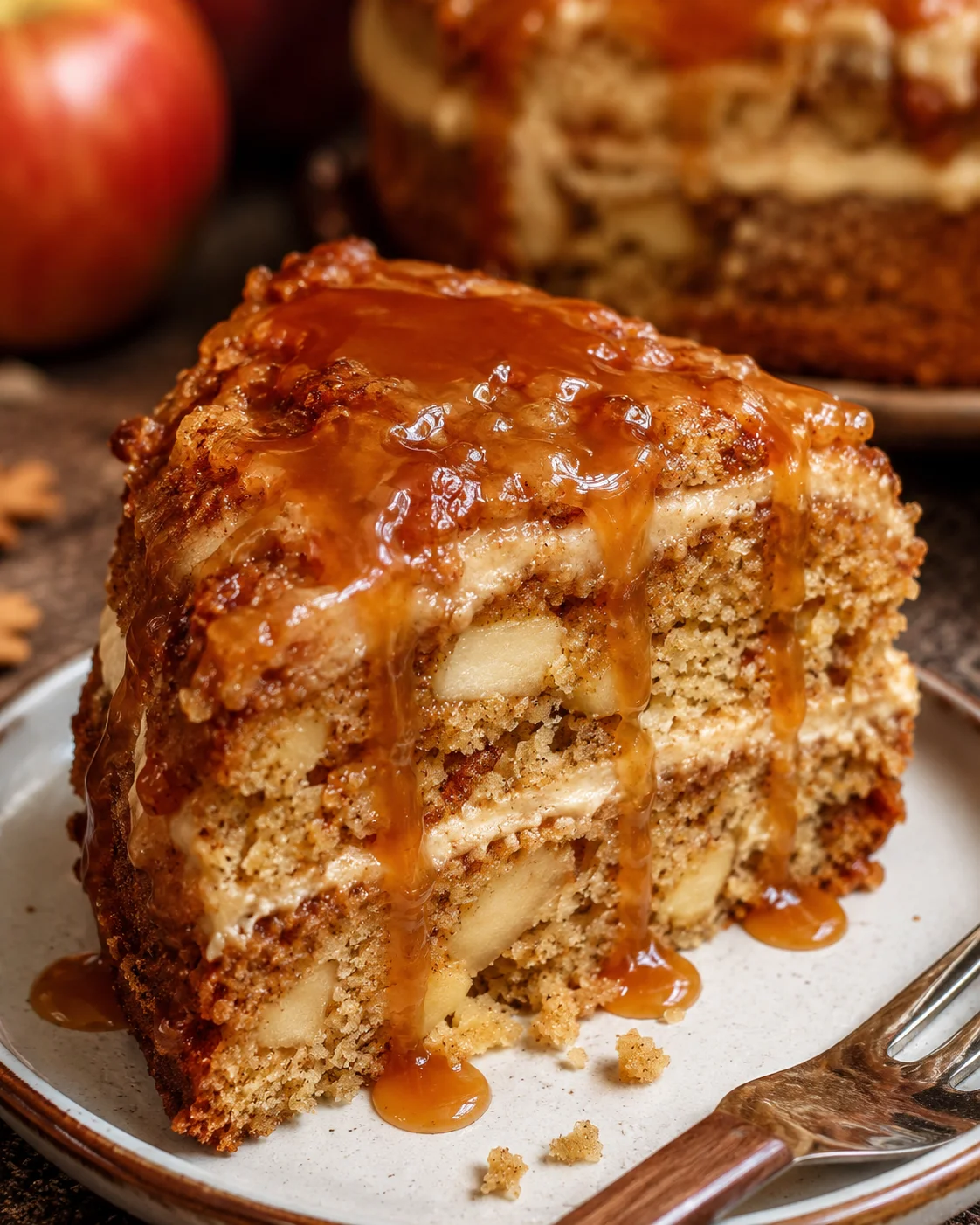 Delicious caramel apple cake with caramel drizzles and cinnamon frosting, perfect for fall.