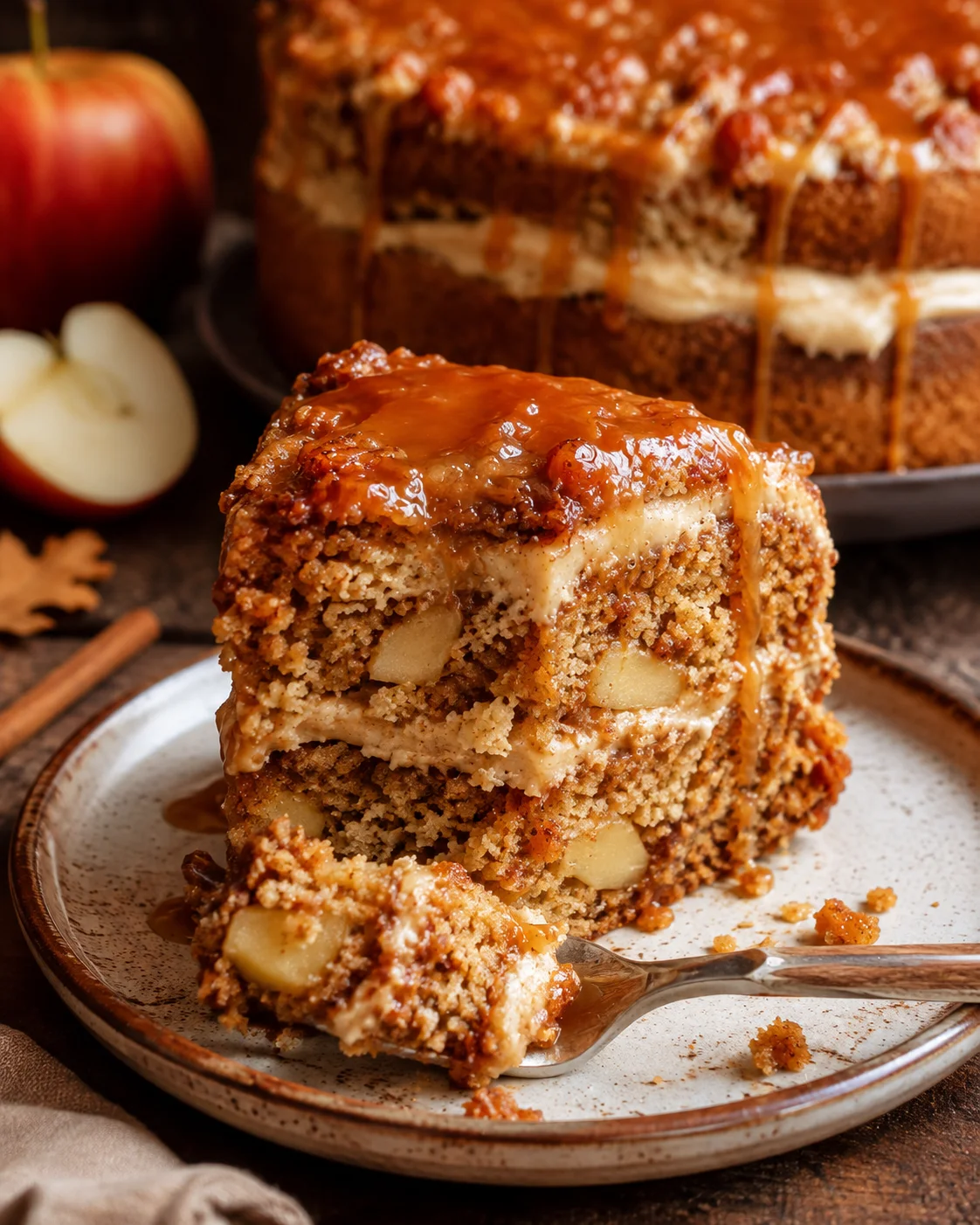 Close-up of a slice of caramel apple cake with caramel drizzles and apple chunks